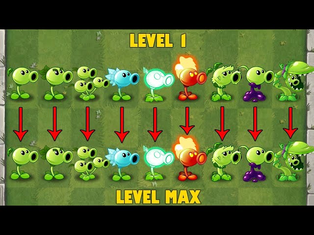 PvZ 2 Discovery - All Peashooters Level 1 Vs Level Max! - Normal Damage & Power Up