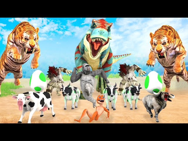 10 Zombie Tiger vs 10 Zombie Cow vs 10 Giant Buffalo Fight Dinosaur vs Gorilla Cow Cartoon Buffalo