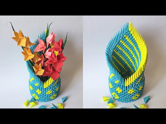 3D origami YELLOW-BLUE VASE | How to make a modular origami vase