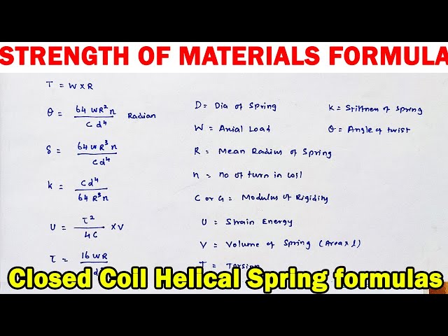 strength of material important formulas, closed coil helical spring formula, spring problem formulas