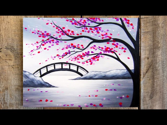 Cherry Blossom Bridge: A Step-by-Step Acrylic Painting Tutorial
