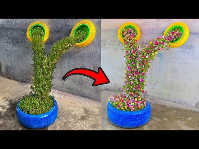 Ideas Recycle Tires and Plastic Bottles into Moss Rose Flower Waterfalls - Automatic Watering Garden
