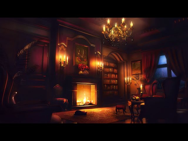 Soft Rain & Thunderstorm Sounds with Fireplace - Classic Room Ambience