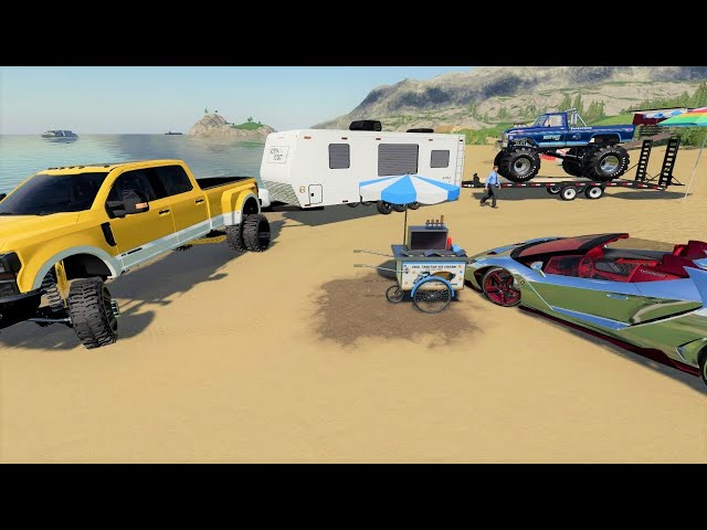Millionaire camping on beach with Race Cars and Monster trucks | Farming Simulator 19