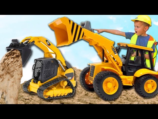 Alex to help Excavator which stuck at the sand Toys Tractor Construction vehicles for kids