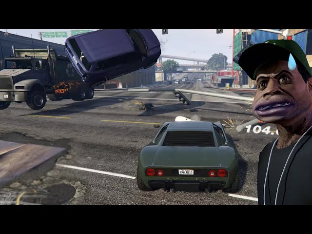 In traffic at a speed of 9999999, Lamar likes to drive up into the sky! - GTA5
