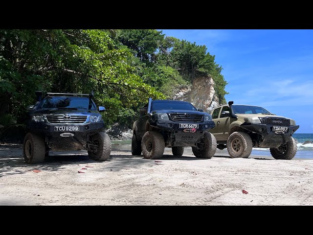Triple Trouble: Three Toyota Hilux Trucks Tackle Dry Trail Leading To Scenic Beach