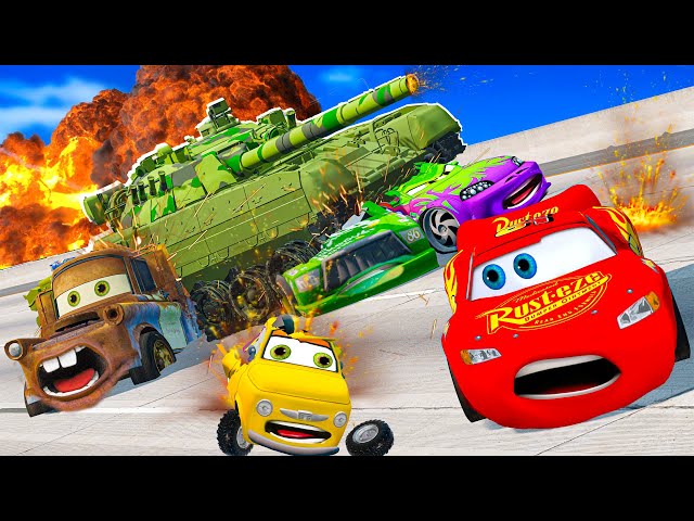 Lightning McQueen and MATER, DINOCO, WINGO, DJ vs TANK Pixar cars  in  BeamNG.drive