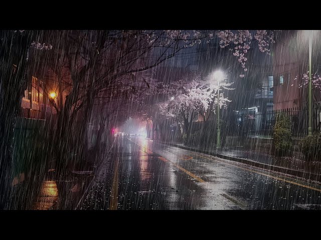 Cherry Blossoms in the Rain: A Nighttime Street Symphony