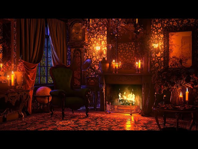 Soft Rain & Wind Sounds with Fireplace | Victorian Room Ambience