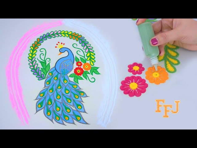 Beauty of Rangoli Peacock Designed With Decorated Flowers
