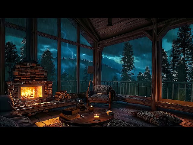 The Porch by The Forest with Light Rain At Night - Fireplace Crackling,Distant Thunder & White Noise