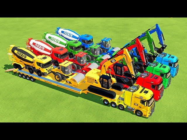TRANSPORTING EXCAVATOR, MIXER TRUCK, BULLDOZER, POLICE CARS TO GARAGE WITH MAN TRUCK - FS22