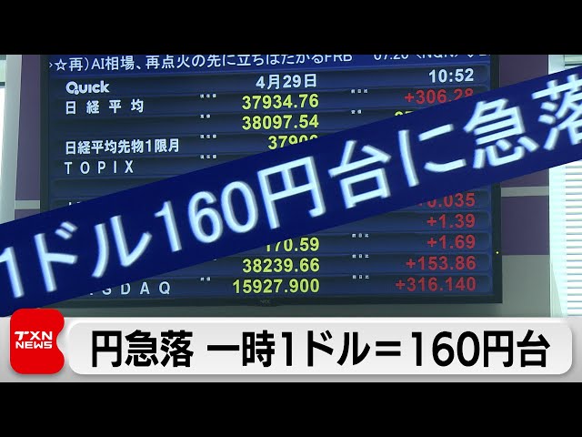 円急落 一時1ドル＝160円台に 34年ぶりの円安水準更新（2024年4月29日）