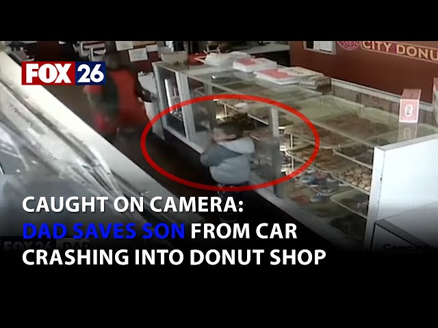 Caught on Camera: Dad saves son from car crashing into donut shop