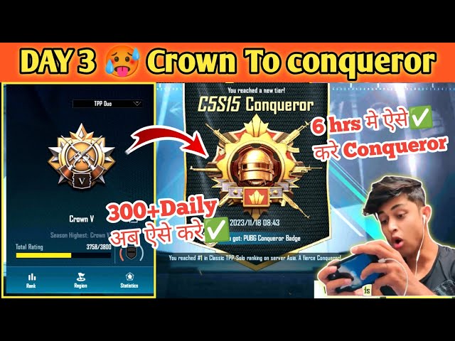 Day 3 🥵 Crown To Conqueror Best Strategy 😍| Conqueror rank push tips and tricks✅