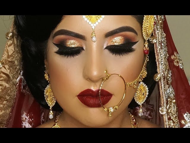 Real Bride | Asian Bridal Traditional Makeup | Dramatic Bold Winged Eyes And Dark Red Lipstick