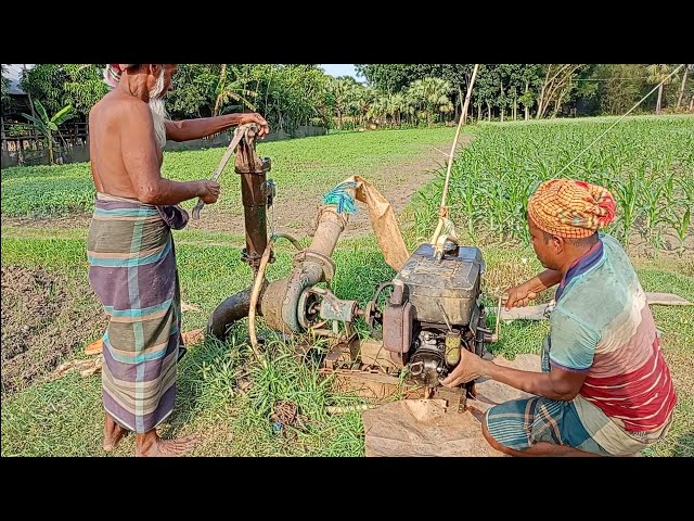 Two skill farmer try to lifting water with 7hp diesel engine. How to start a 7hp engine.# 7hp engine