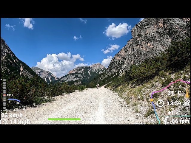 Scenic Indoor Cycling Old Train Bike Way Cortina D'Ampezzo with Telemetry Overlay 4K Video