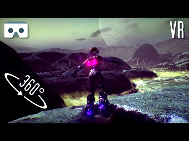 360 Virtual Reality 3D video: space girl  exploration of an alien planet. For Samsung Gear VR Box
