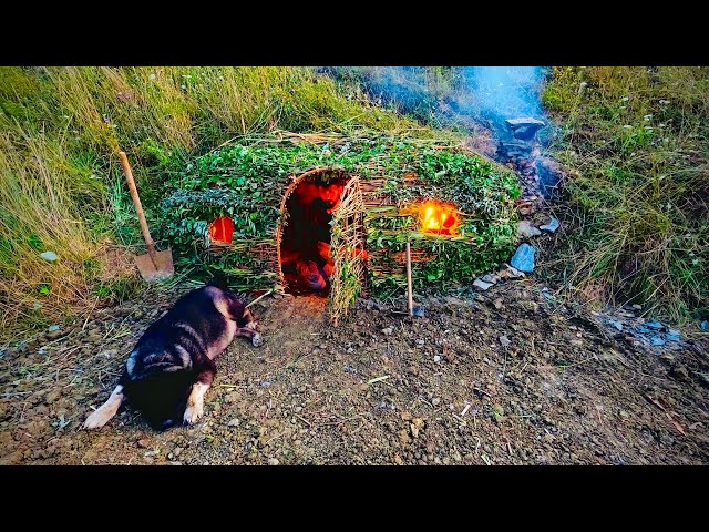 UNDERGROUND HOUSE - Building a Survival Shelter with Fireplace - Bushcraft Solo Camping - Cooking