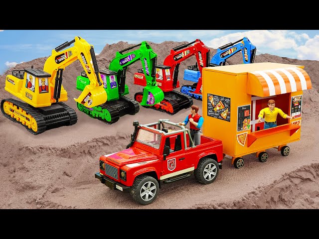 Fire Truck, Excavator, Loader Rescues Transporting Pizza Car | Car Toy Stories