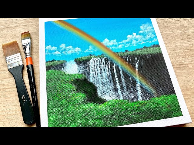 Rainbow in Waterfall /Easy Acrylic Painting / Daily Challenge #90