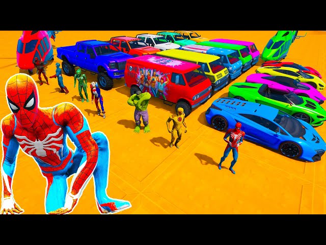 GTA V Epic New Stunt Race Challenge on Cars Suvs Minivan Helicopter and Spiderman's Friends
