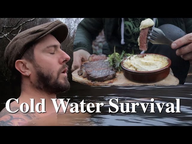 Bushcraft Cooking: Steak & Three Cheese Sauce After A Freezing Cold Plunge | Cold Water Survival