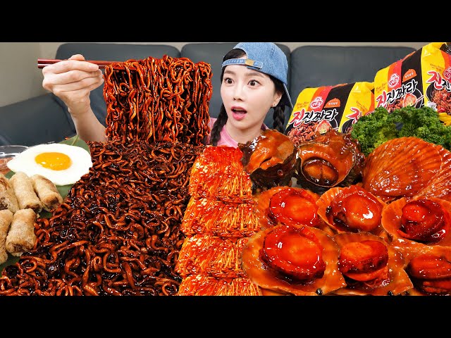 [Mukbang ASMR] Korean Jjajang Ramen  Buldak Enoki Mushroom 🔥 Spicy Scallops Seafood Recipe Ssoyoung