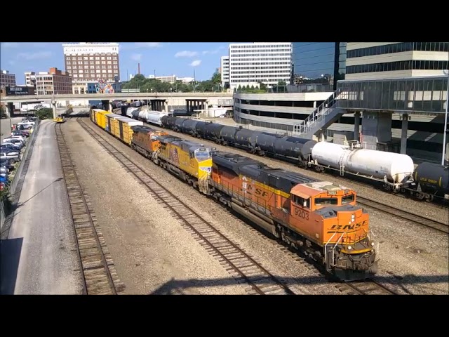 BNSF WB Mixed Freight with GECX Dash 9s and BNSF H-GALKCK with UP Power. Kansas City, MO 5/18/24