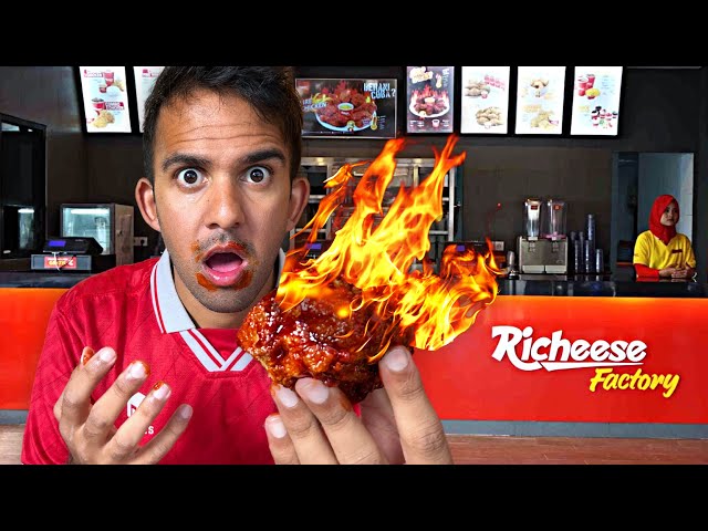 First Time Trying RICHEESE FACTORY in INDONESIA 🇮🇩 LEVEL 5 Fire Chicken = INSANE