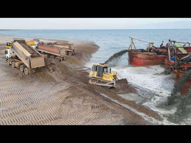Powerful Komatsu Bulldozer Filling Sand to Building Beautiful Beach  Bulldozer Construction TV