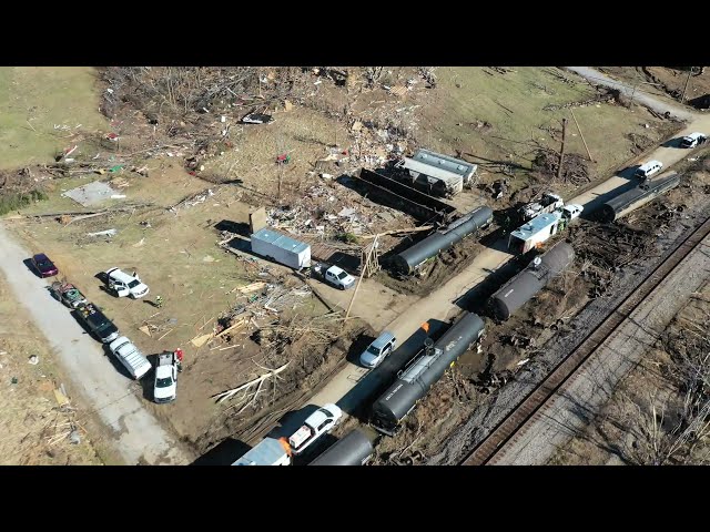 12-13-2021 Earlington, KY - Structures Destroyed - Rail Cars Thrown and Decoupled - Devastation