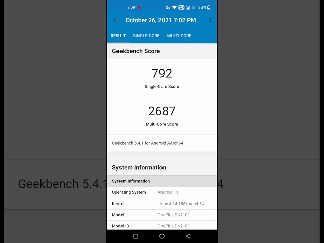 OnePlus Nord 2 6gb ram - Geekbench 5 score (withOUT Ram boost & High Performance mode)