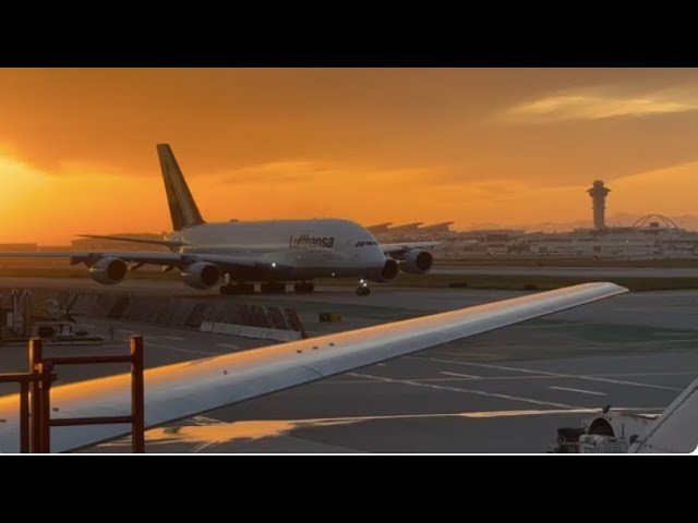 Sunset departures Airbus A380 Super + Boeing 777 Heavy