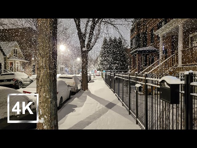 4K Chicago's Logan Square - Night Walking Tour in Fresh Snow - ASMR - USA