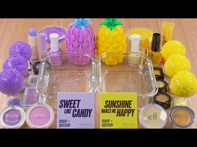 Lavender vs Yellow w CLAY★Mixing Makeup Eyeshadow Glitter into SLIME★ASMR★Satisfying Slime Video#057