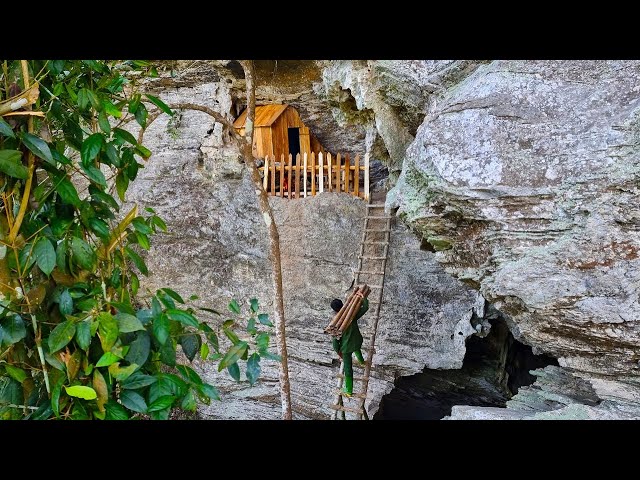 Building Complete Survival Bushcraft Shelter On High Cliff - Start To Finish / King Of Satyr