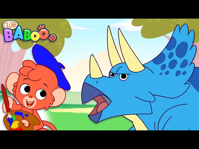 How to draw a TRICERATOPS | Dinosaur drawing | Club Baboo | Baboo the monkey draws a big blue dino!