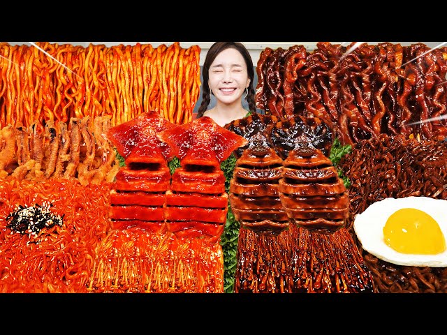 ENG SUB) Buldak & Jjajang🔥 Squid Enoki Mushroom 🦑 Spicy Korean Ramen Calamari Mukbang ASMR Ssoyoung