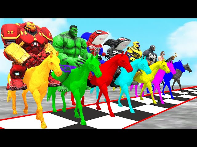 Spiderman Superheroes with Shark Spiderman roblox horse racing challenge vs Venom3 Hulk| King Spider