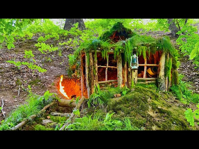7 Days Solo Survival Camping | Bushcraft earth hut, grass roof & fireplace with clay