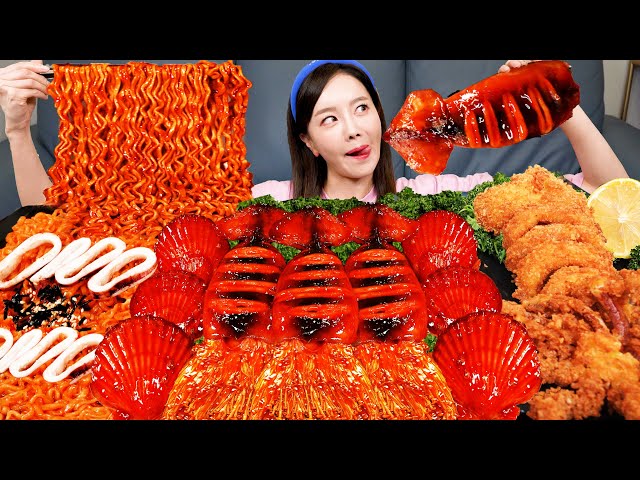 [Mukbang ASMR] SPICY Squid 🦑🔥 Enoki Mushrooms Korean Buldak Ramen Noodles Seafood Recipe Ssoyoung