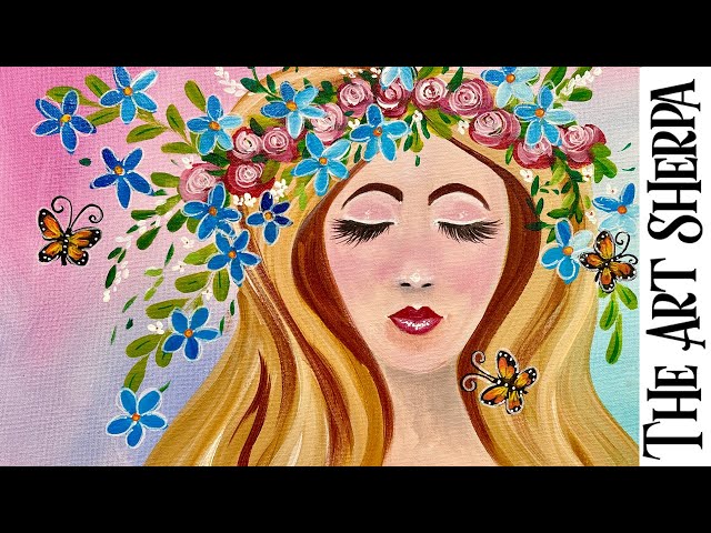 Easy Girl with Flower Crown 🌟🎨 How to Draw and paint acrylics for beginners: Paint Night at Home