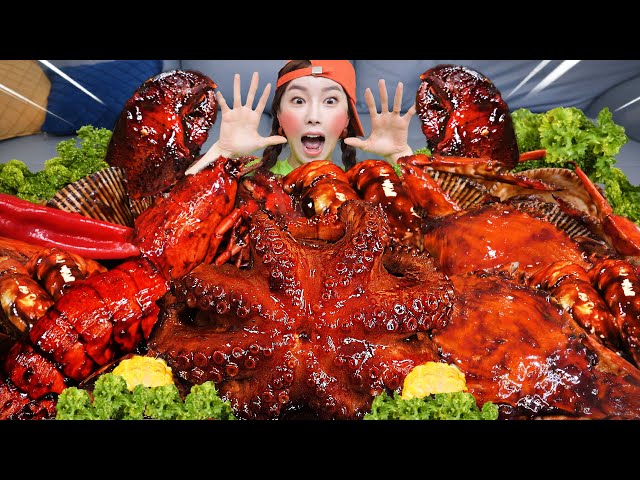 ENG SUB) SEAFOOD FLEX 🖤 Jjajang Octopus Lobster Abalone Braised Seafood Recipe Mukbang ASMR Ssoyoung