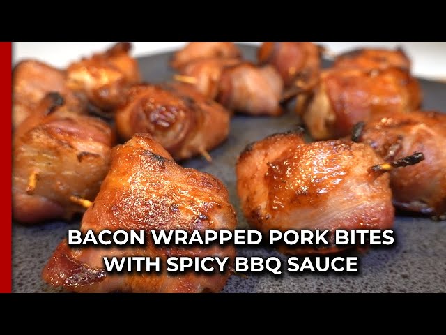 Air Fryer Bacon Wrapped Pork Bites with Sweet Baby Ray's Spicy BBQ Sauce