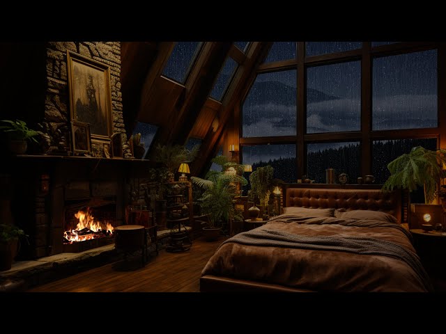 Rainy Night Sleep Therapy: Thunderstorm & Cozy Fireplace Crackling Sounds - Rain Sounds for Sleep