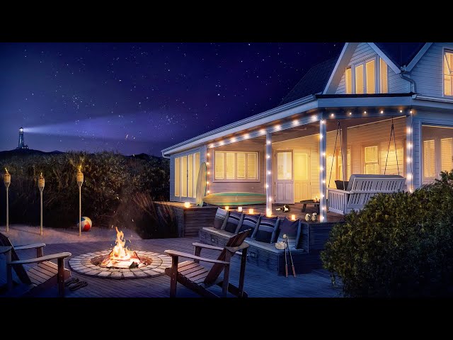 Cozy Beach House Campfire Ambience - 8 Hours Crackling Fire, Crickets, and Distant Ocean Sounds