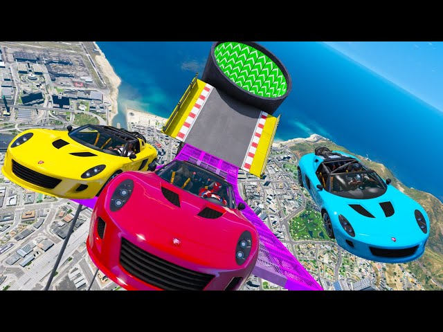 Stunt Rocket cars on City GTA 5 party Spiderman Trevor Sportcars Mercesed BMW Lamborghini GYM mod